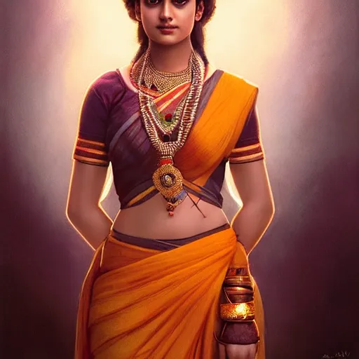 Prompt: beautiful young laxmi wearing bihu mekhela costume ; portrait by artgerm and tom bagshaw ; trending on artstation ; award winning, cinematic natural dramatic lighting, studio photography by annie leibovitz