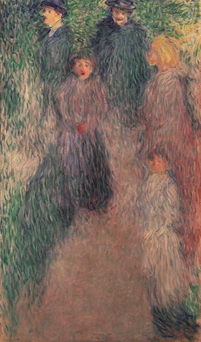 Image similar to 2 person looking at each other, 1 being the adult version and the other being the child, by monet