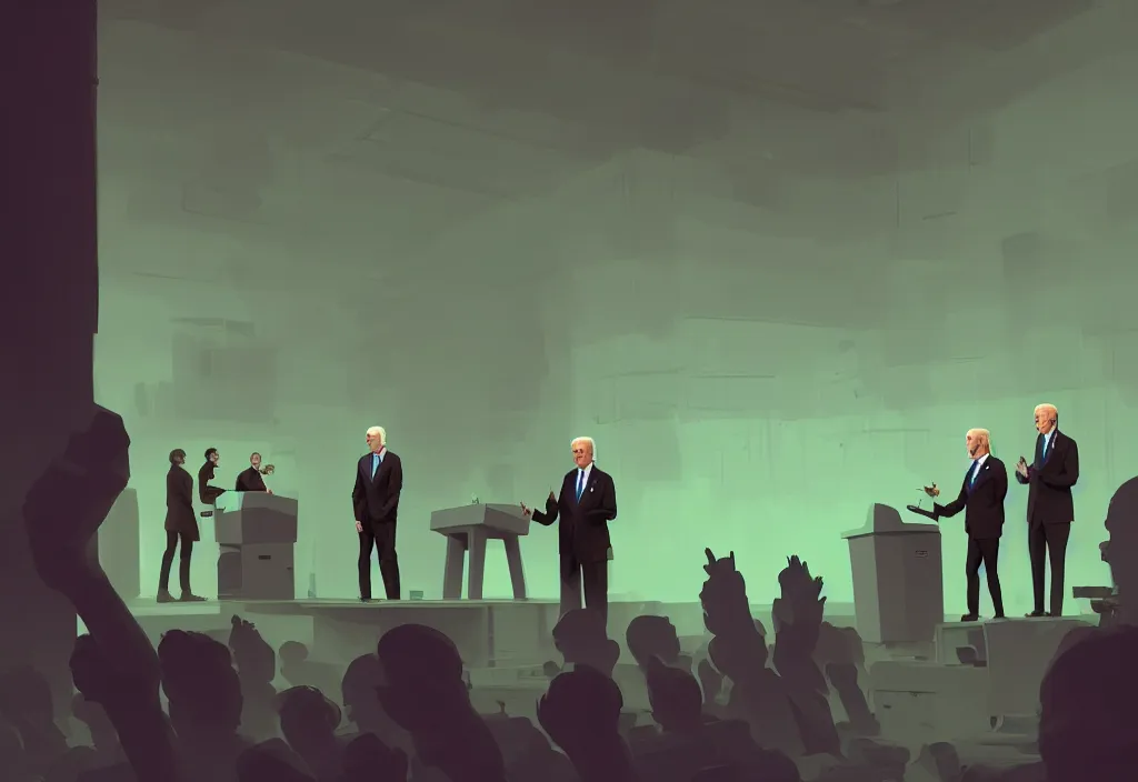 Prompt: joe biden in the democratic party headquarters, epic debates, presidental elections candidates, cnn, fox news, fantasy, by atey ghailan, by greg rutkowski, by greg tocchini, by james gilleard, by joe gb fenton, dynamic lighting, gradient light green, brown, blonde cream, salad and white colors in scheme, grunge aesthetic