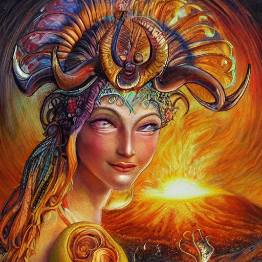 Prompt: josephine wall, horned ram goddess, checking her cell phone, erupting volcano in distance, sunset, flowers in foreground, zodiac, fantasy acrylic on canvas, intricately detailed, highly detailed, high resolution, hdr, 8 k, by senior concept artist, trending on artstation