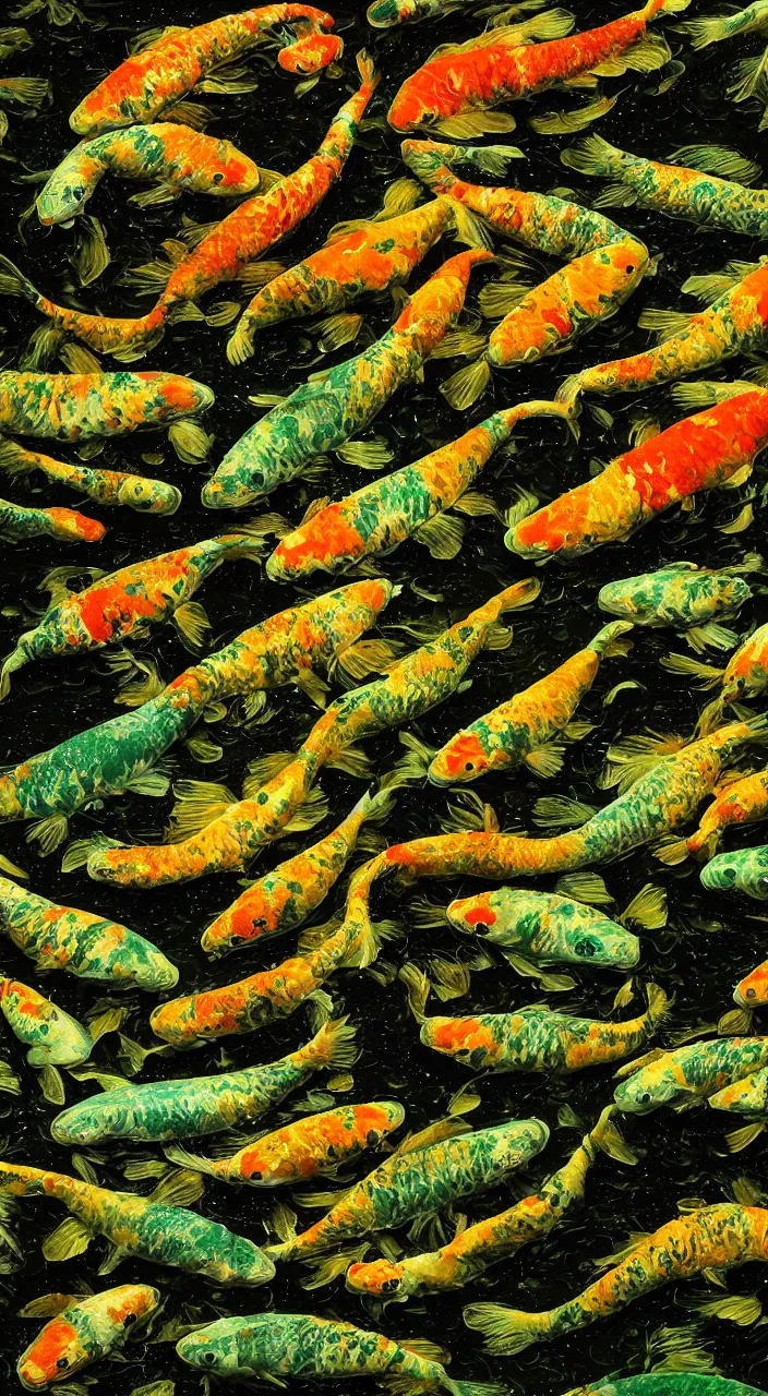 Image similar to a photograph of a Pond filled with Xenomorph skin Koi fish, dim volumetric lighting, lime green lighting, in style of H.R Giger, grainy, 50mm film, noise, sharp focus, motion, high exposure, hd, 8k resolution