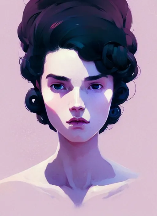 Image similar to highly detailed portrait of an androginous person, soft background, ringlet hair by atey ghailan, by greg rutkowski, by greg tocchini, by james gilleard, by joe fenton, by kaethe butcher, gradient violet, black, cream and white color scheme, trending in pinterest, award winning details