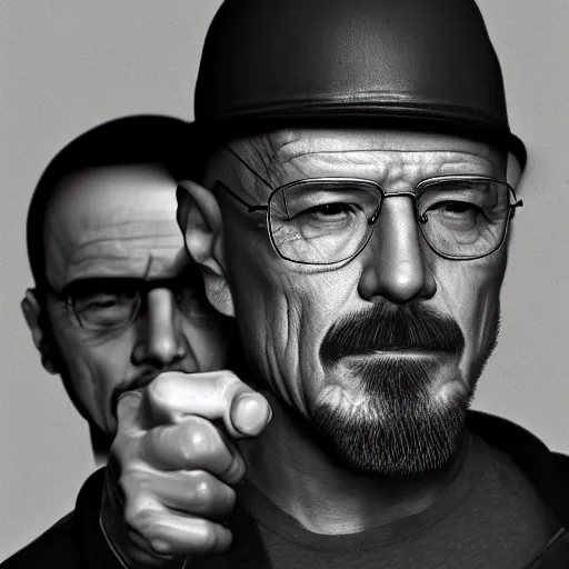 Prompt: Hideo Kojima as Heisenberg Walter White, matte paint, portrait, very coherent, airbrush