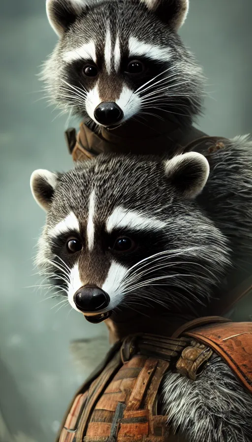 Image similar to :a portrait of a Warrior Raccoon by Valentina Remenar+UNREAL ENGINE 5+4K UHD IMAGE+Stunning LIGHTING+Stunnings SHADERS+SUBSTANCE PAINTER