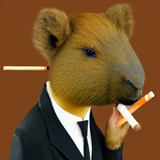 Image similar to a high detail photo of an antropomorphic capybara wearing a suit smoking a cigarrette, subject= duck, subject detail: wearing a suit, subject action: smoking a cigarrette photorealism