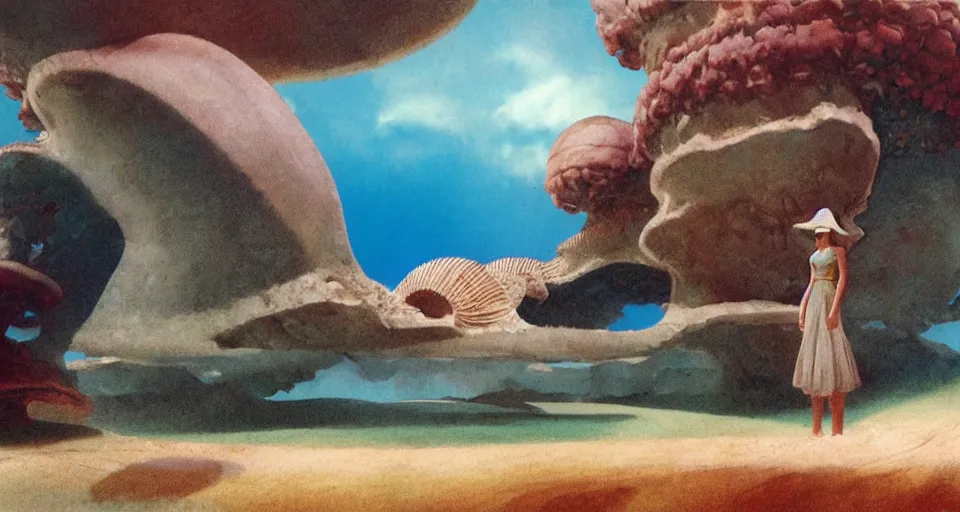 Prompt: a deserted island, giant seashell stands in the middle, surrounded by coral, a girl standing below, concept art by roger dean and john harris, atmospheric