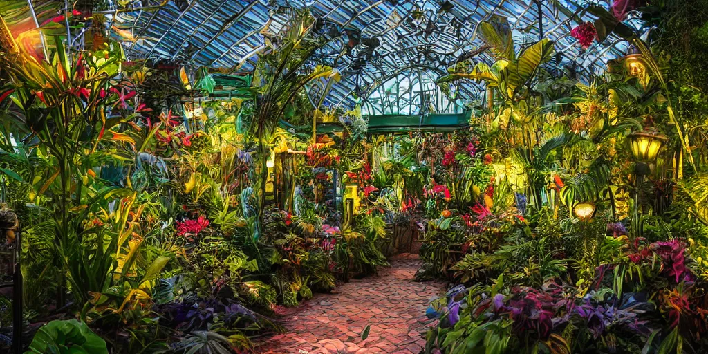 Prompt: magician's tropical greenhouse garden with colored glass cover, outside of time and space, birds, flowers, fairy tale, night lighting, gorgeous lighting, dramatic cinematic lighting, intricate, highly detailed, low angle view, mysterious, comfort, in the style of aetherpunk, 8 k