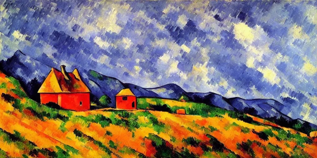 Prompt: stunning painting of landscape with an red cabin on a mountain by paul cezanne