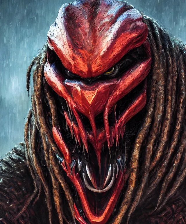 Prompt: a portrait of the predator by chris ayers, oil on canvas, deep depth field, masterpiece, by ken barthelmey and stan winston, trending on artstation, featured on pixiv, cinematic composition, hyper - detailed, hd, hdr, 4 k, 8 k