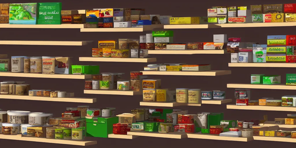 Prompt: Shelves lined with Pet foods, detailed 4K texture for Unity, photorealistic