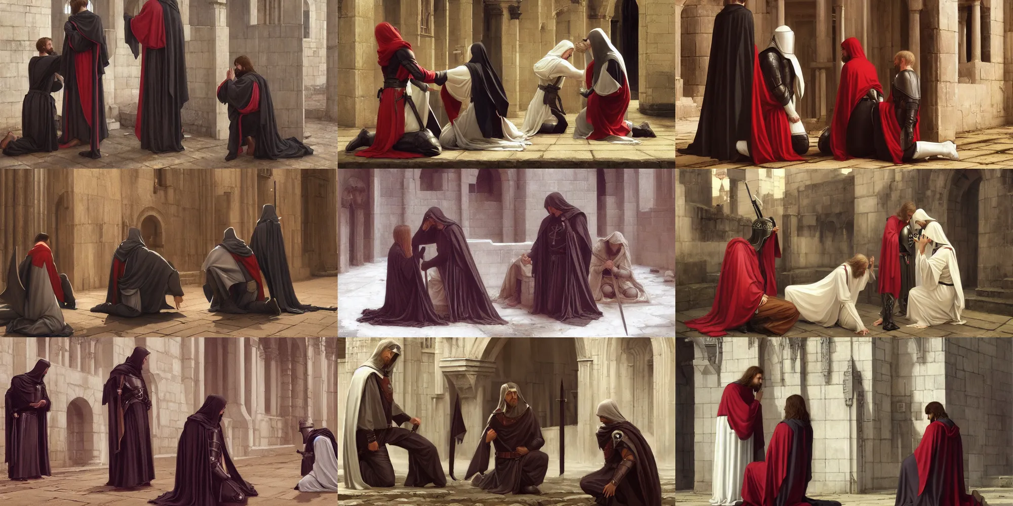 Prompt: a beautiful artwork of knight templar kneeling before his king by Edmund Leighton featured on artstation