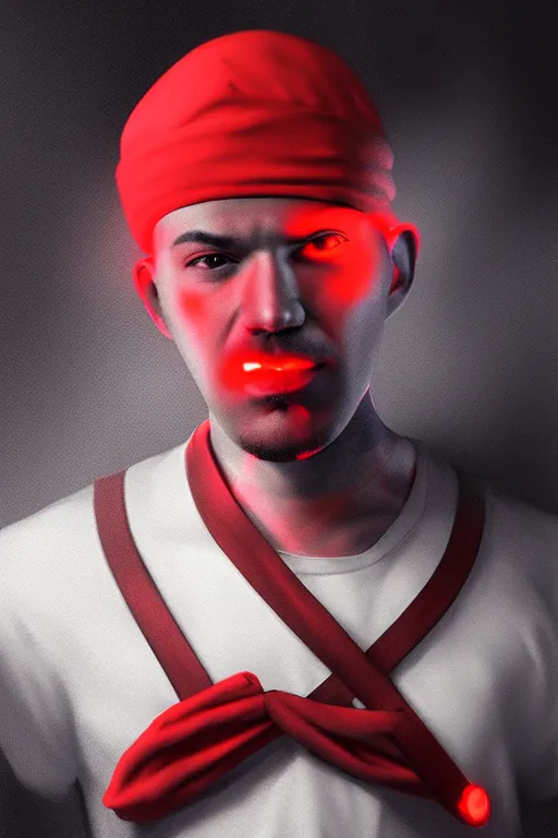 Prompt: pop smoke wit bloods bandana, no duplicate image, glowing lights, ultra details, ultra realistic, digital painting, artstation, concept art, smooth, sharp focus, identical, illustration, intecrate details, art by richard hamilton and mimmo rottela, pixels art by kirokaze and paul robertson