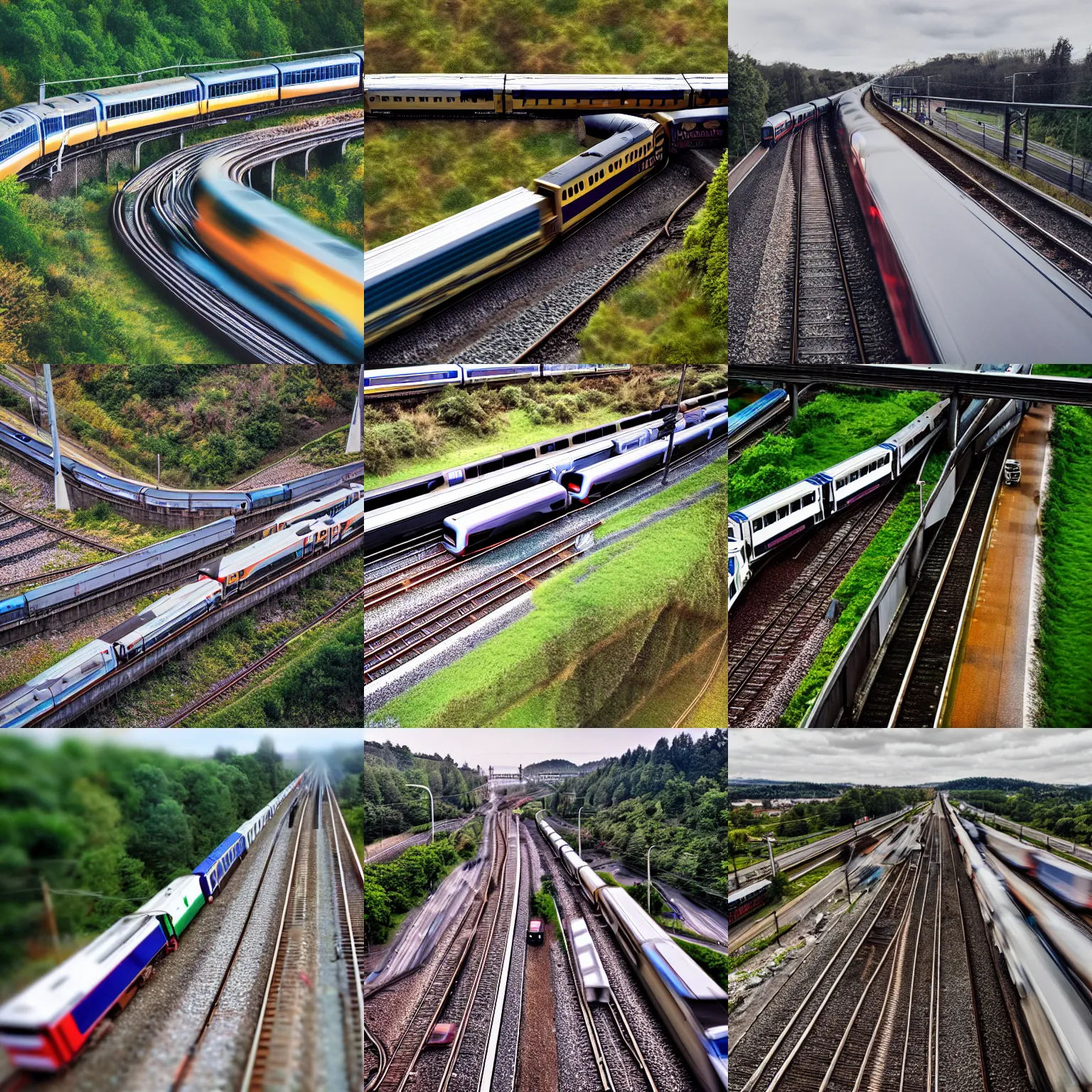 Prompt: a train crossing a busy motorway, tilt - shift photography