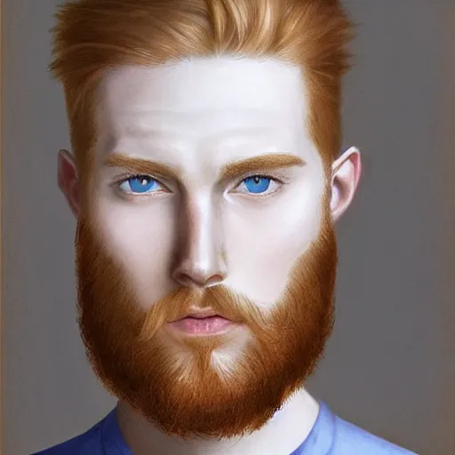 Image similar to 2 4 - year - old man, masculine face, hyper masculine features, tall, extremely pale skin, square jaw, ginger hair, beard, square face, big round sapphire blue eyes, hyper realistic face, beautiful eyes, highly detailed, digital painting, smooth, sharp, strong face, expressive eyes, medium long wavy ginger hair, art by greg rutkowski and alex gray