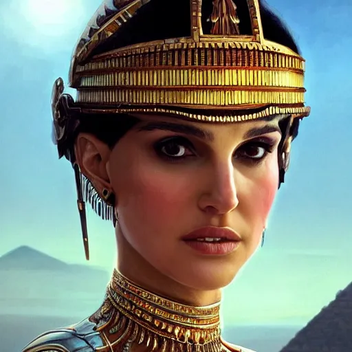 Prompt: a closeup portrait of a young natalie portman as cleopatra, gorgeous view, pyramid background, high detail, art by artgerm and greg rutkowski and alphonse mucha, digital art, trending on artstation