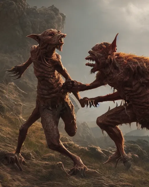 Image similar to highly detailed portrait of a movie goblin, attacking a human warrior. depth of field, breathtaking, detailed and intricate environment, 8 k resolution, hyperrealistic, octane render