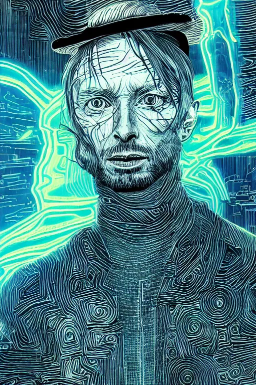 Image similar to A portrait of Thom Yorke as a cyberpunk wearing a bowler hat, iridescent highlights, surrounded by digital swirls, highly detailed, intricate, soft, sci-fi, sharp focus, glowing lines, art by Moebius