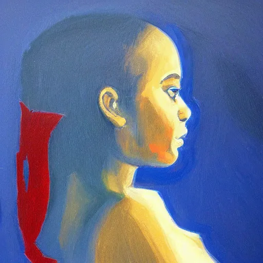 Prompt: profile painting in angolan realist style, ultramarine blue, venetian red, titanium white, art nouveau, expressive, modeled lighting