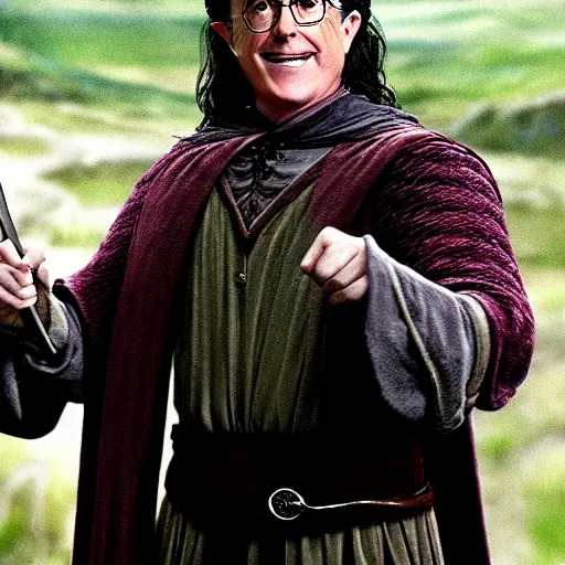 Image similar to stephen colbert as part of the fellowship of the ring