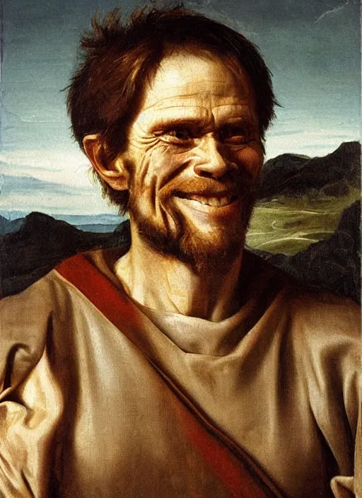 Image similar to portrait painting of willem dafoe with stubble smiling warmly, renaissance oil painting, studious chiaroscuro