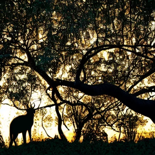 Image similar to animals made of leaves trees and vines, sunset magic hour backlit photography, bokeh