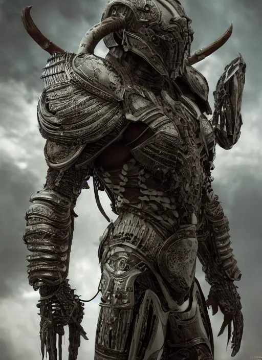 Prompt: a photorealistic dramatic hyperrealistic render of tribal warrior alien hunter, intricate white bone armor, ultra realistic details, well worn by wlop, greg rutkowski, alphonse mucha, vitaly bulgarov and mike nash, beautiful dramatic dark moody tones and lighting, cinematic atmosphere, studio lighting, global illumination, shadows, dark background, octane render, 8 k