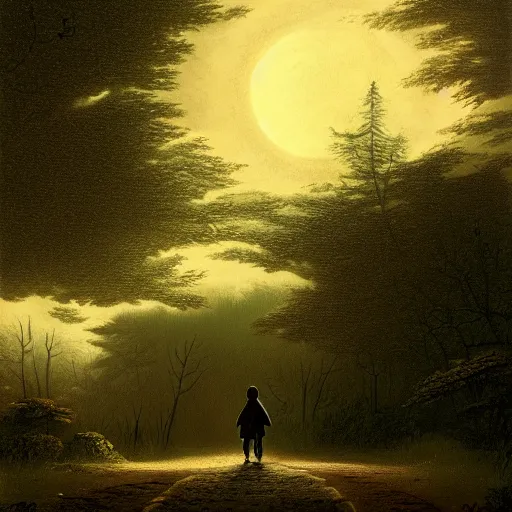 Image similar to matte painting of a tabby cat walking on a path in a dark moonlit Maine forest, serene, highly detailed, by caravaggio and alan lee, trending on artstation, 4k