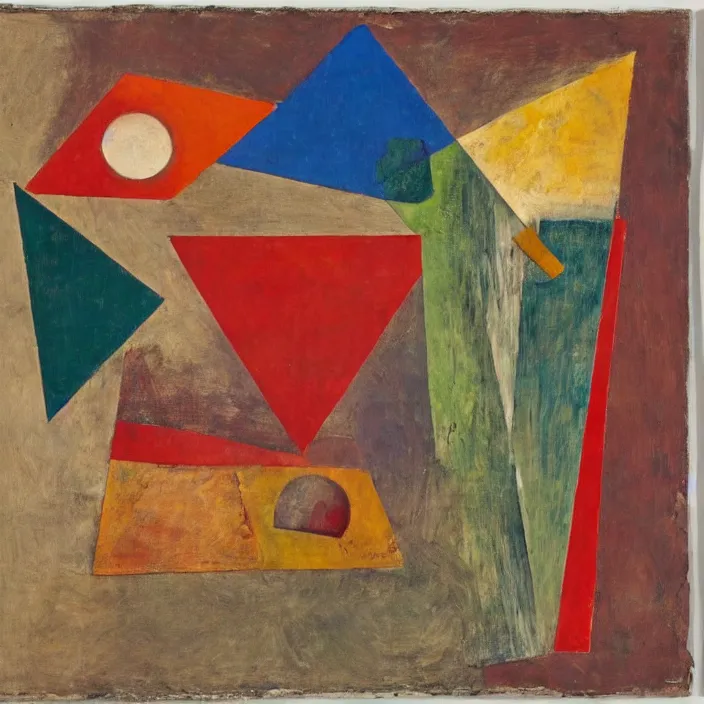 Prompt: an abstract artwork by max ernst, leonora carrington and kurt schwitters, mix of geometric and organic shapes, both bright and earth colors