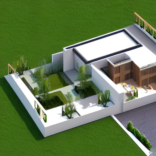 Prompt: isometric view, render of a beautiful modern home designed for aesthetics, energy efficiency and maximizing plants and greenery, cg render, high resolution, professional