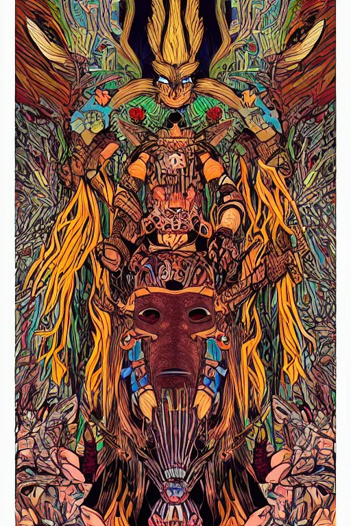 Image similar to animal mask totem roots flower tribal feather gemstone plant wood rock shaman vodoo video game vector cutout illustration vivid multicolor borderlands comics by josan gonzales and dan mumford radiating a glowing aura