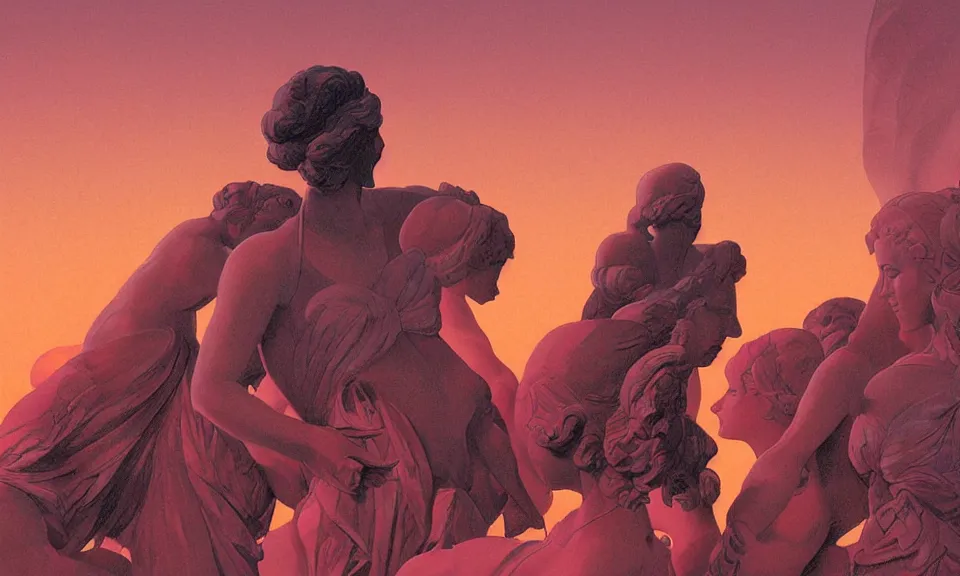 Prompt: digital painting of people revering at the base of a greek sculpture a beautiful massive female statue surrounded by dreamy coral, sunset in the desert, syd mead, syd mead color scheme, concept art