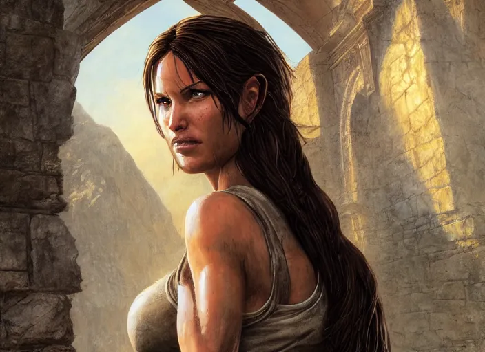 Prompt: face portrait of amazed bare Lara Croft entering the large Minas Tirith gate, sun beams, intricate, elegant, highly detailed, centered, digital painting, artstation, concept art, smooth, sharp focus, illustration, Allan Lee, John Howe