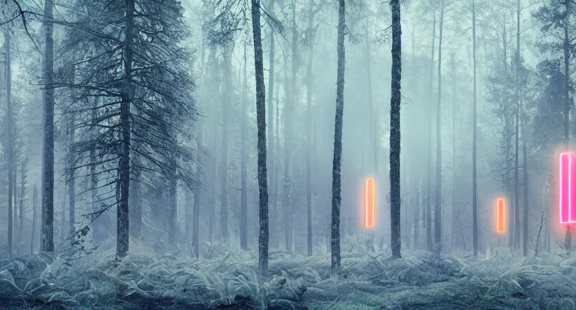 Image similar to national geographic photo of dark russian forest, soft colors, bright neon, retro-futurism, atomic heart game concept render