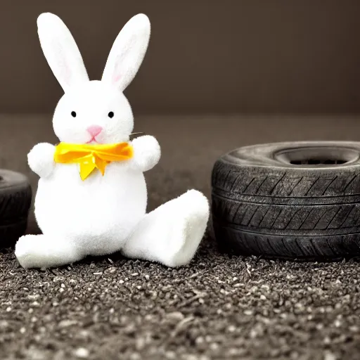 Image similar to easter bunny sitting on a tire, studio photo, high quality