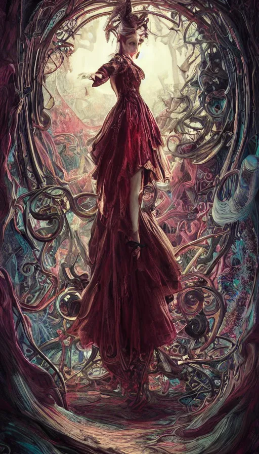 Prompt: twisted alice in wonderland, fame of thrones, lord of daggers, neon, fibonacci, sweat drops, intricate fashion clothing, insane, intricate, highly detailed, surrealistic, digital painting, artstation, concept art, smooth, sharp focus, illustration, Unreal Engine 5, 8K, art by artgerm and greg rutkowski and alphonse mucha