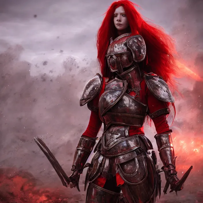 Image similar to a girl with a long red hair wearing a full-body red plate armor standing in a battlefield, anatomically correct, hyperrealistic, concept art, octane render, unreal engine 5, 8K HDR, highly detailed, high quality, fantasy armor