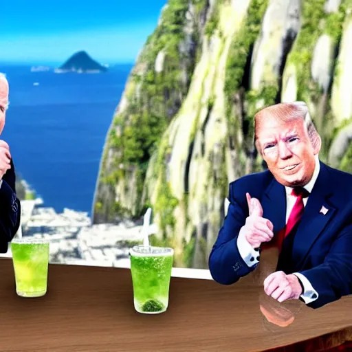 Image similar to realistic 4k image of Biden and Trump together drinking a caipirinha drink with Rio de Janeiro Corcovado on the background