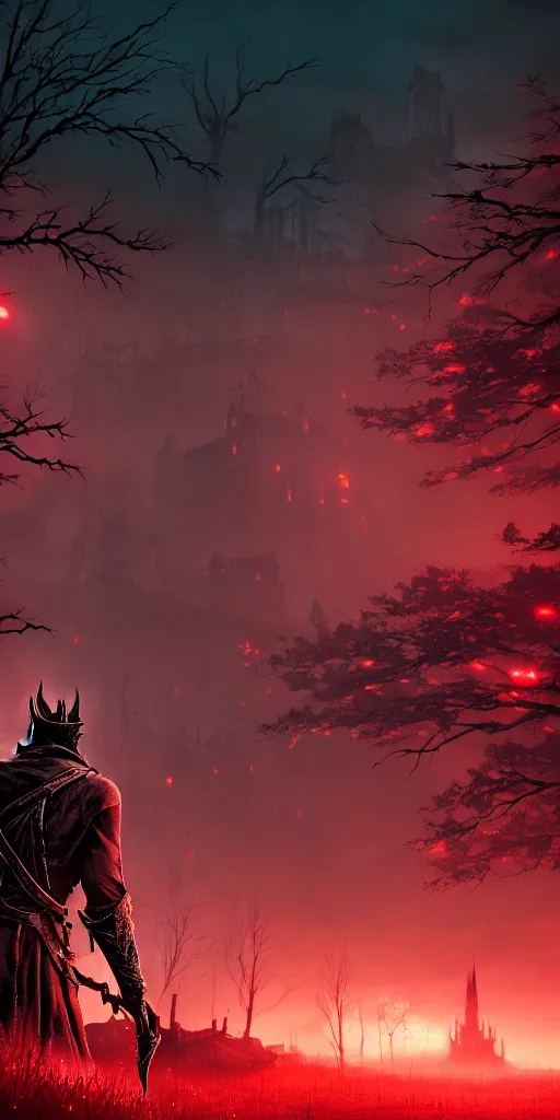 Image similar to abandoned bloodborne old valley with a person at the centre and a city at the end, trees and stars in the background, falling petals, epic red - orange moonlight, perfect lightning, illustration by niko delort, 4 k, ultra realistic