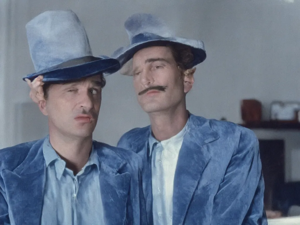 Image similar to Film Still of Mario in a hat in David Lynch's Blue Velvet film aesthetic!!!