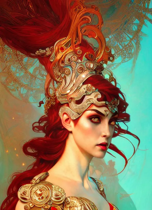 Image similar to the goddess hera looking angry, paper dress, volumetric lights, red and cyan theme, art nouveau botanicals, intricate, highly detailed, digital painting, artstation, concept art, smooth, sharp focus, symmetric face, illustration, art by artgerm and greg rutkowski and alphonse mucha