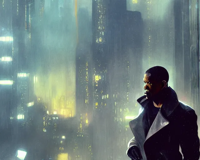 Image similar to 2 0 1 8 blade runner movie still jamie foxx look at the cityscape from roof perfect face fine realistic face pretty face reflective polymer suit tight neon puffy jacket blue futuristic sci - fi elegant by denis villeneuve tom anders zorn hans dragan bibin thoma greg rutkowski ismail inceoglu illustrated sand storm alphonse mucha