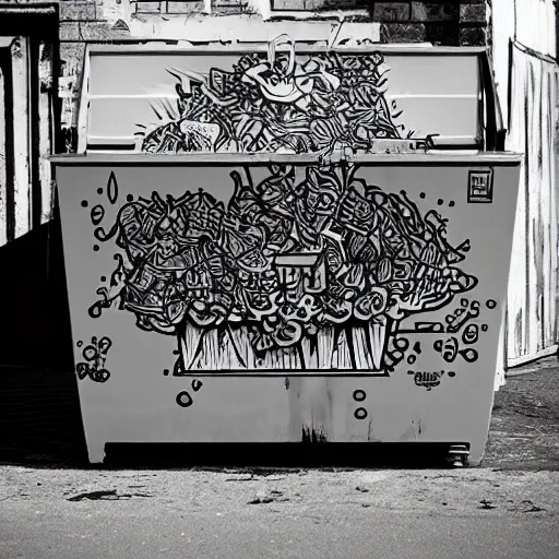 Image similar to Dumpster in a back alley, the garbage inside is blazing in flame, by Mcbess