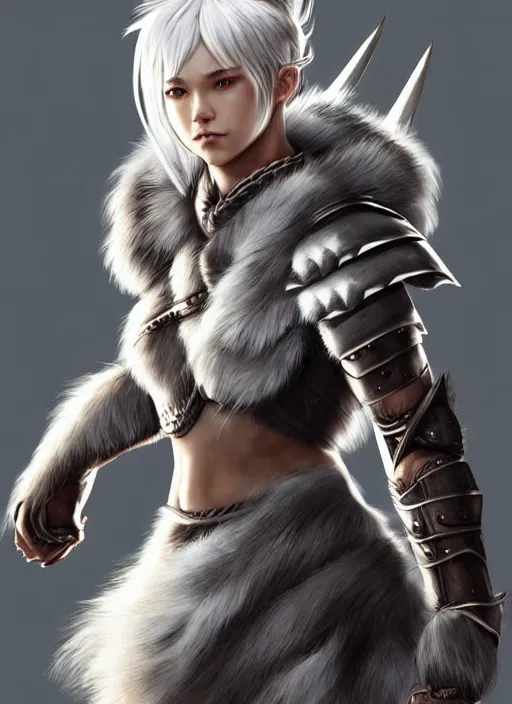 Prompt: warrior, fur - lined heavy armor!!! beautiful and athletic white hair female!! monster hunter!! character concept art, sharp focus, octane render! unreal engine 5! highly rendered!! trending on artstation!! detailed linework!! illustration by artgerm, wlop, and chie yoshii