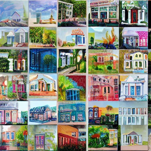 Image similar to collage of 1 0 0 paintings, each painting is of a house