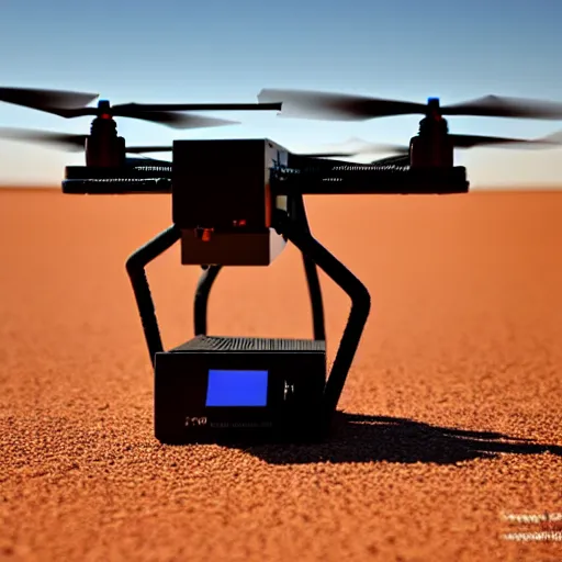 Image similar to 3d printer drone with giant extrusion nozzle in the australian desert, XF IQ4, 150MP, 50mm, F1.4, ISO 200, 1/160s, dawn