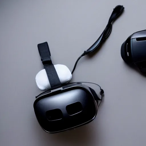 Prompt: A studio photo of a VR headset on a empty surface