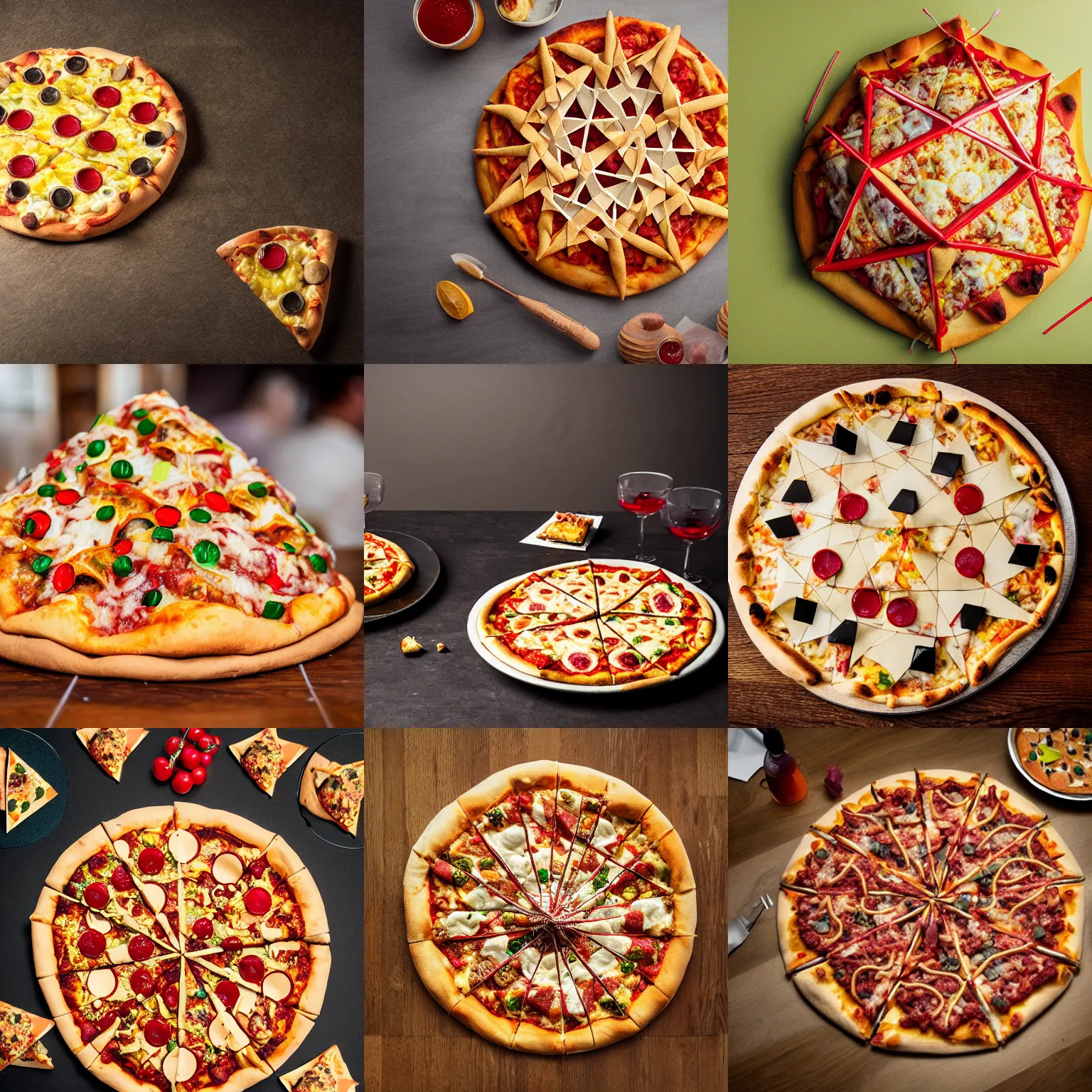 Prompt: a stellated dodecahedron made of pizza, on a table, professional food photography