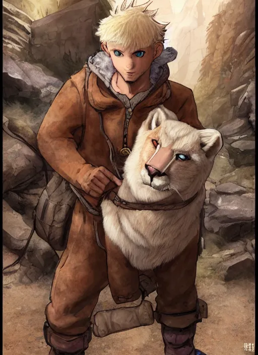 Image similar to fursona character portrait of a man with an albino mountain lion's head wearing miner's clothes at the mines. hidari, color page, tankoban, 4K, tone mapping, Akihiko Yoshida.