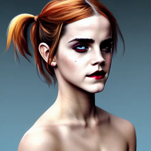 Image similar to Beautiful Emma Watson as Harley Quinn, western, D&D, fantasy, intricate, elegant, highly detailed, digital painting, artstation, concept art, matte, sharp focus, illustration, art by Artgerm and Greg Rutkowski and Alphonse Mucha