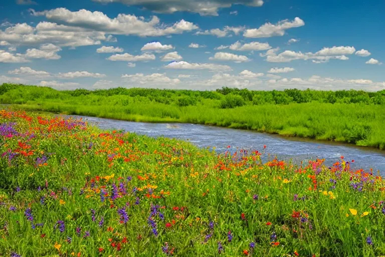Image similar to a gorgeous, beautiful, amazing landscape with a river running through a beautiful prairie full of wildflowers